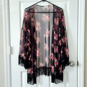 Blu Planet Floral Mesh Cardigan with Tassel Trim